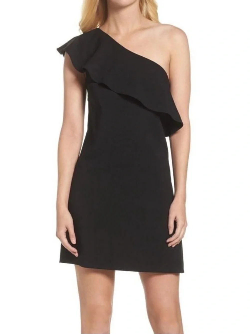 french connection black one shoulder dress French connection Black with pink lining Ruffle One Shoulder Dress Size 0